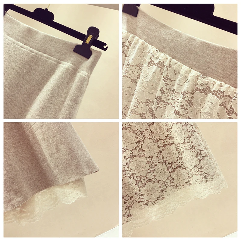 Женская Осенняя юбка с кружевом однотонная до середины икры завышенной талией трапециевидная