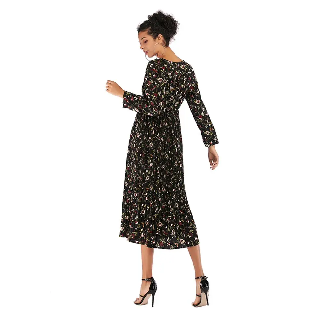Women Bohemian Long Bud Dress V-neck Women's Printed small floral pleated chiffon dress waist long-sleeved bottom female | Женская