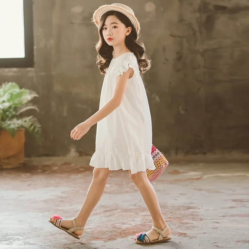 Teenage Kids Dresses For Girls Summer White Pink Party Toddler Girl Dress 2019 New Cotton Linen Holiday Children Clothing | Детская