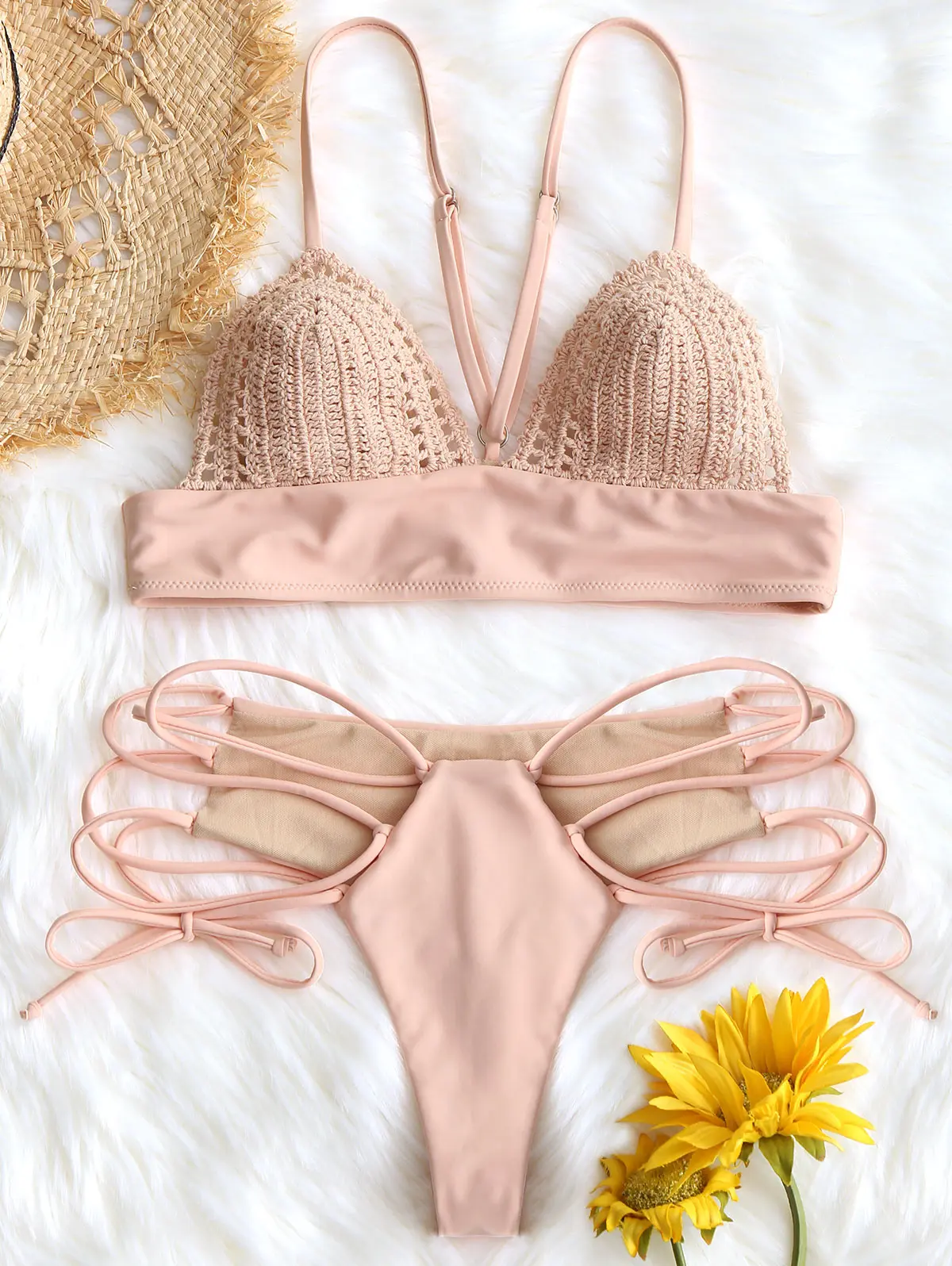 ZAFUL сексуальное бикини с вязаными деталями Панель Bralette бюстгальтер со шнуровкой