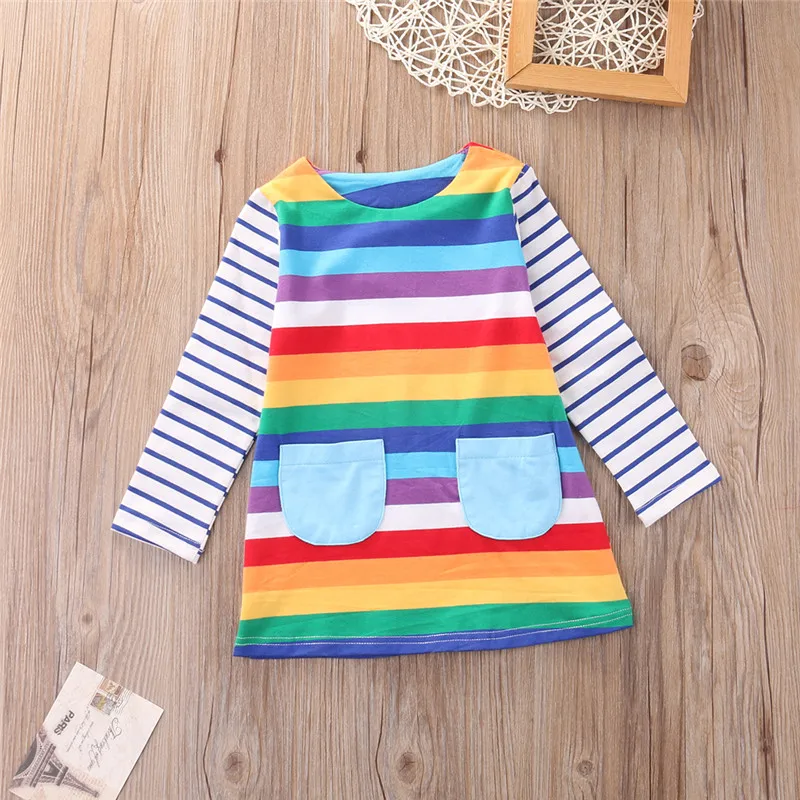 Toddler Baby Kids Girls Dress Stripe Long Sleeve Striped Round Neck Colorful Rainbow Top Party Dresses Girl Clothes | Детская одежда и