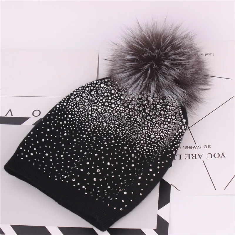 Женская вязаная шапка с помпоном из лисьего меха осенне-зимняя для девочек HK01 |