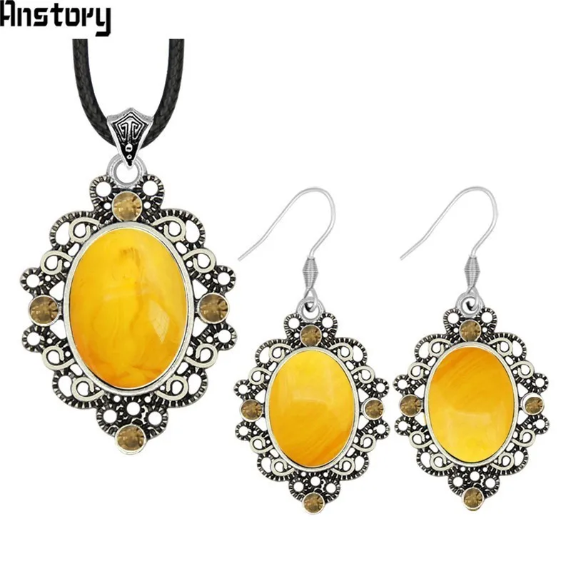 Oval Resin Crystal Vintage Jewelry Set Grown Necklace Earrings Antique Silver Plated Fashion TS465 | Украшения и аксессуары