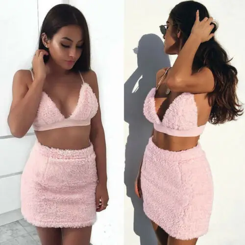 

Hirigin 2Pcs Womens Sexy Solid Fluff Crop Top Bra Summer Beach Mini Skirt Bodycon Party Set