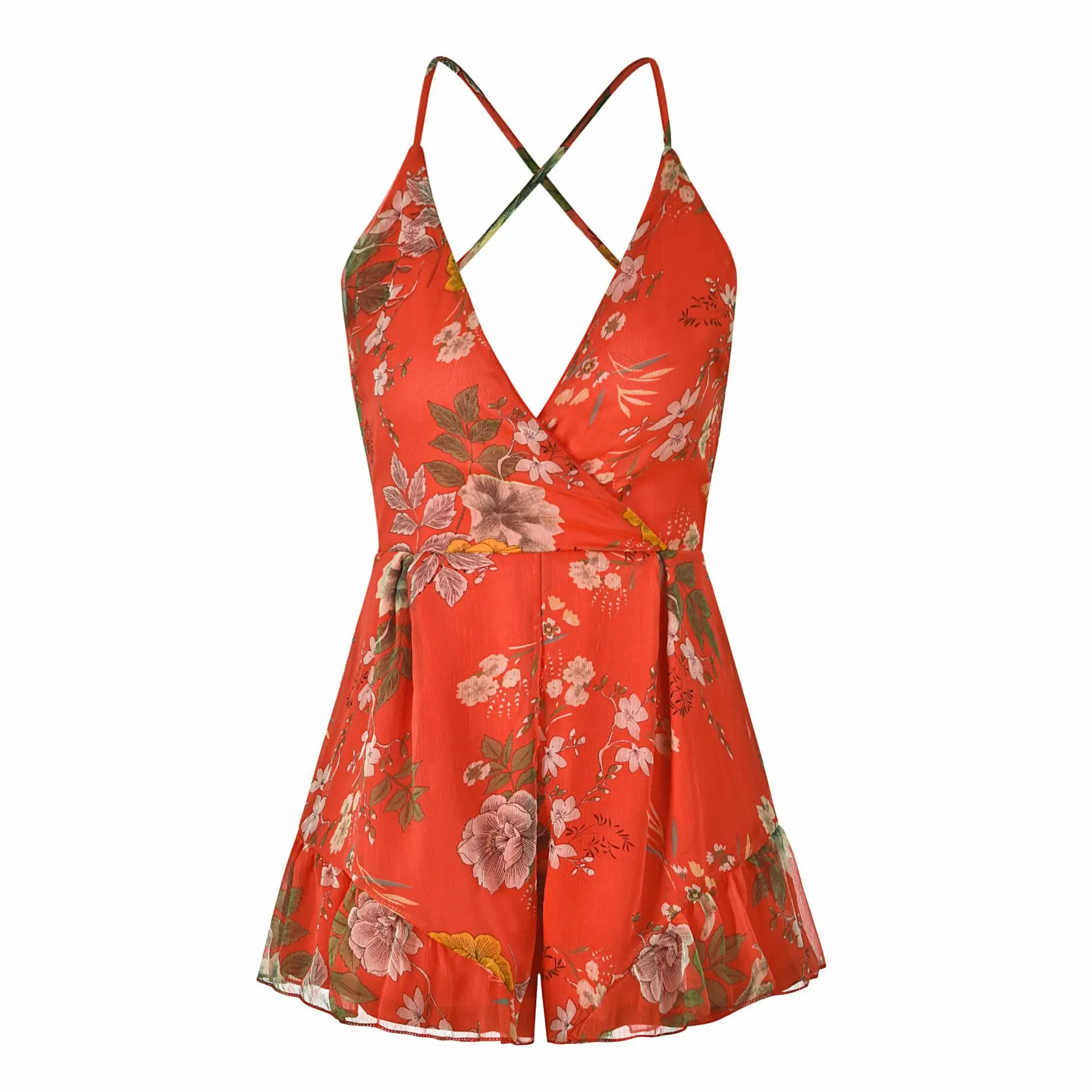 

Godier Women Summer Playsuits Sexy Lady Deep V-neck Backless Jumpsuit Shorts Rompers Floral Printed Ruffles Playsuits