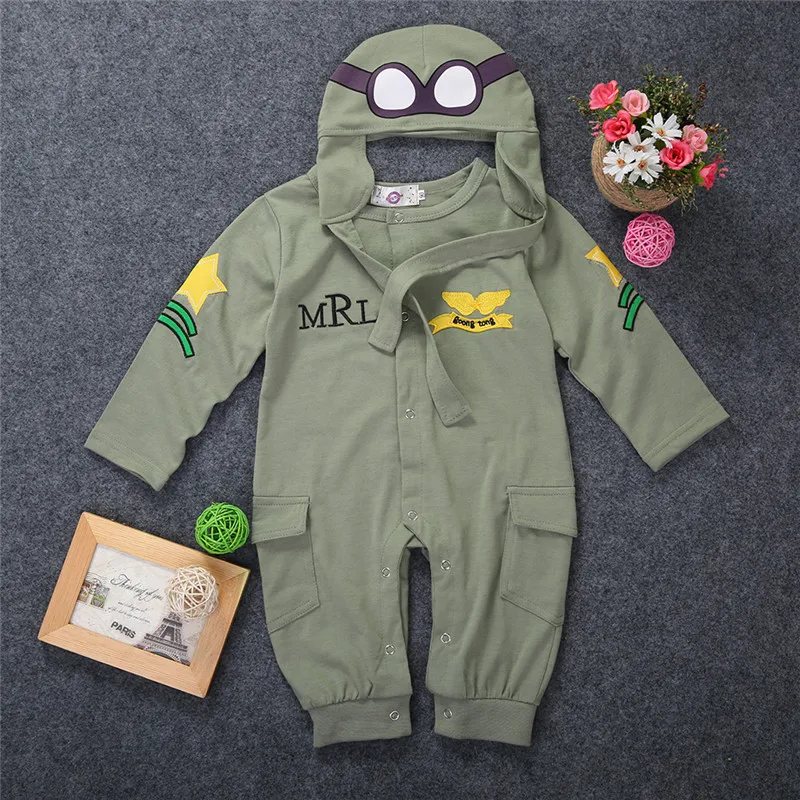 

Cute Newborn Toddler Baby Boy Romper Children Clothes Long Sleeve Fastener Rompers+Hat Cap Jumpsuit Casual Outfits