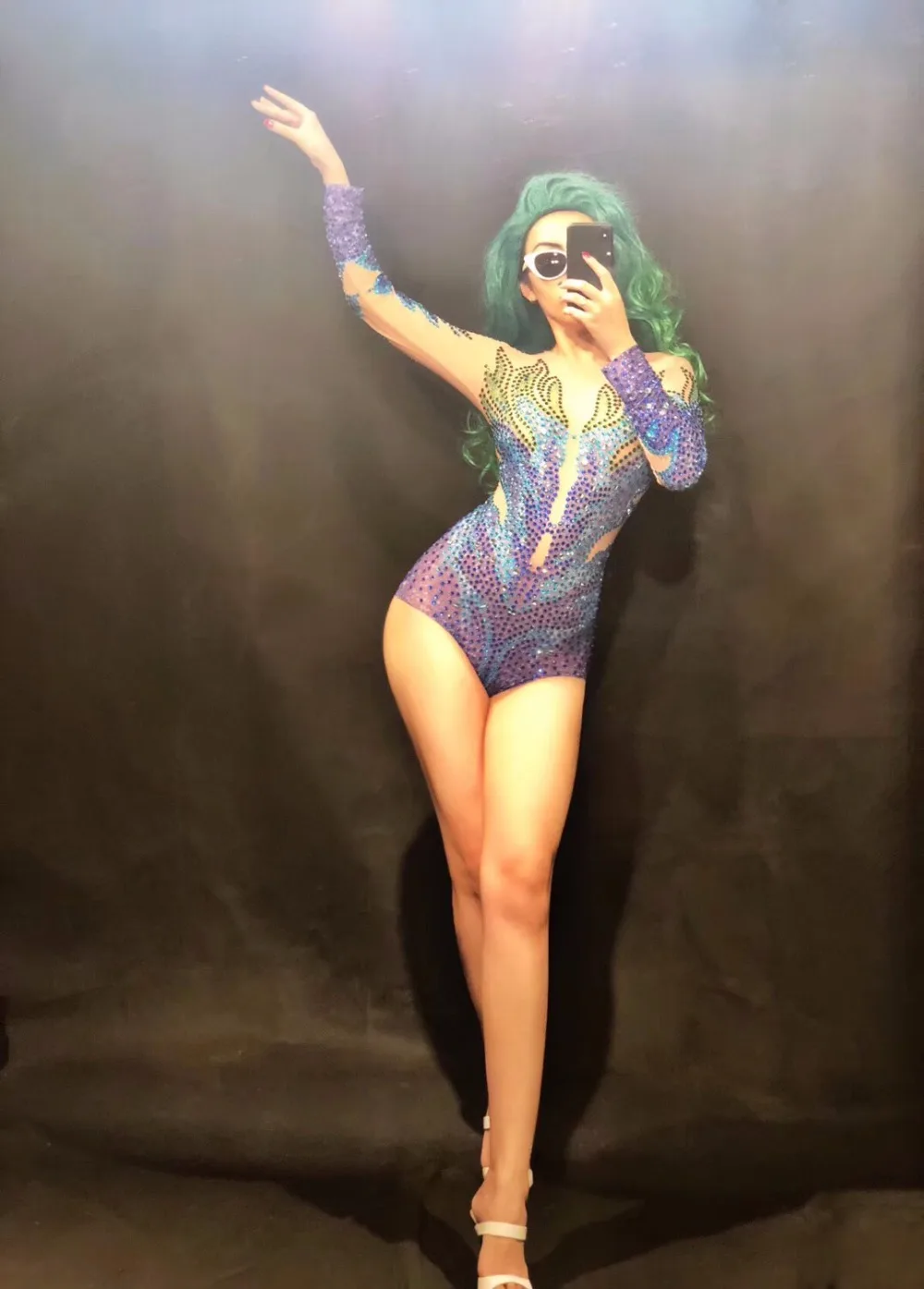 New Woman Sparkly Rhinestones Mesh Bodysuit Party Sexy Costume Dance Show Nightclub Female Singer Wear See Through Bodysuits