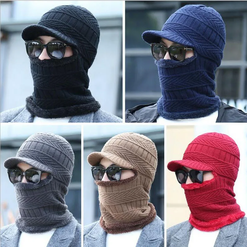 

New Balaclava Winter Women Men's Skullies Wool Knitted Balaclava Cap Ninja Mask Thermal Plush Pocket Hat Unisex Snow Cap