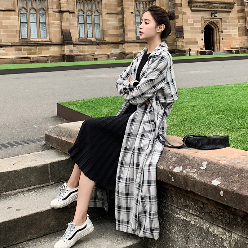 LANMREM 2020 весеннее новое черное белое длинное клетчатое пальто контрастного цвета