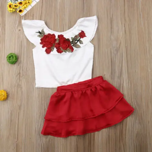 Летний топ с цветочной вышивкой для маленьких девочек 2 шт. + юбка-пачка наряд