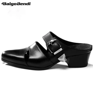 Модная пряжка с ремешком, мужские шлепанцы, Босоножки на каблуке с закрытым носком, шлепанцы на низком каблуке, модные летние туфли с острым носком