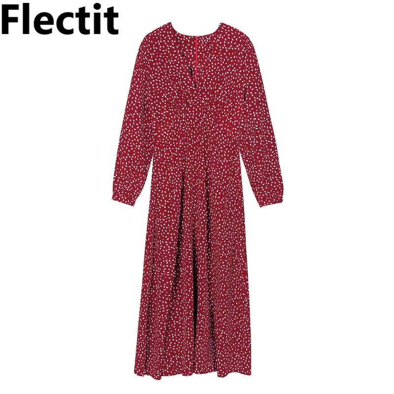 Flectit винтажное бордовое длинное платье с v образным вырезом и принтом длинным