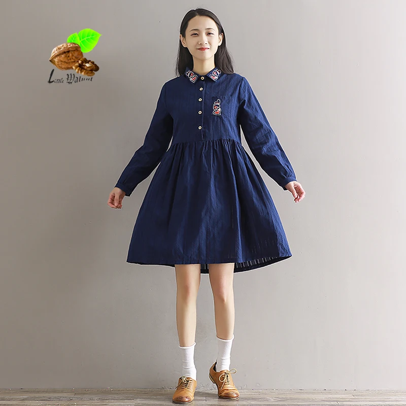 2019 new women Autumn Vintage cotton fresh heart embroidery slim dresses Women's Spring retro clothes plus size casual dress | Женская