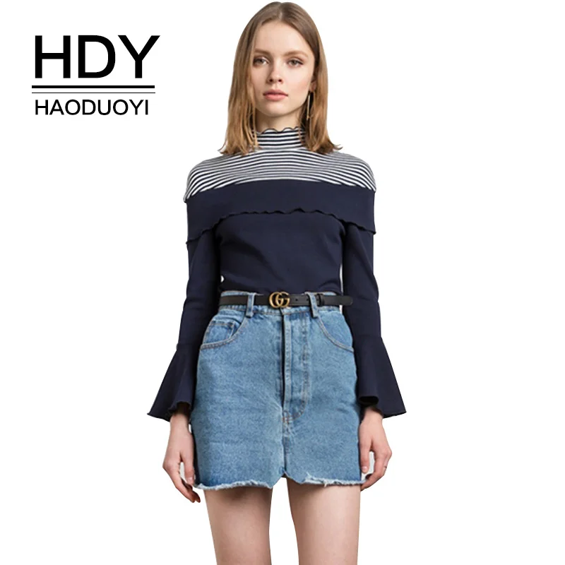 HDY Haoduoyi 2017 осенние женские футболки с длинным Расклешенным рукавом в полоску