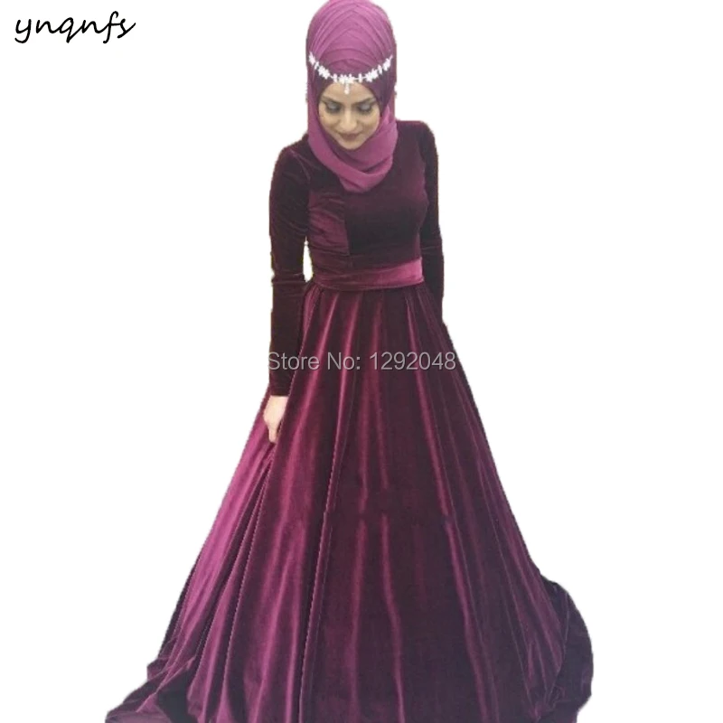 

YNQNFS ED218 A Line Burgundy Velvet Hijab Scarf Long Sleeves Muslim Bridesmaid Dresses Robe de Soiree Abiye gece Elbisesi 2018