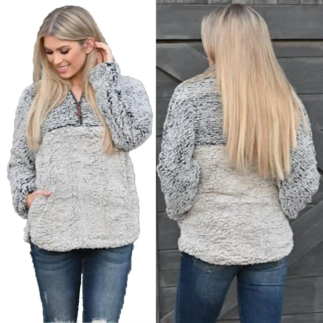 Women Fashion Pullovers Contrast Color Zipper Casual Patchwork Fall and Winter Thick Relaxed Plush Sweater | Женская одежда