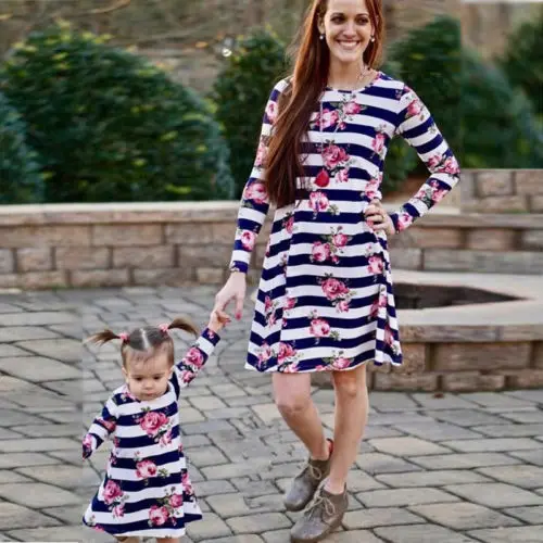 Family Clothing Matching Mother And Daughter Clothes Striped Casual Long Sleeve Dresses Outfits | Мать и ребенок