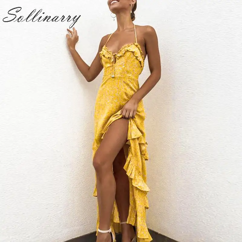Sollinarry Пляжное длинное платье на шнуровке летнее женское 2019 с оборками высокая