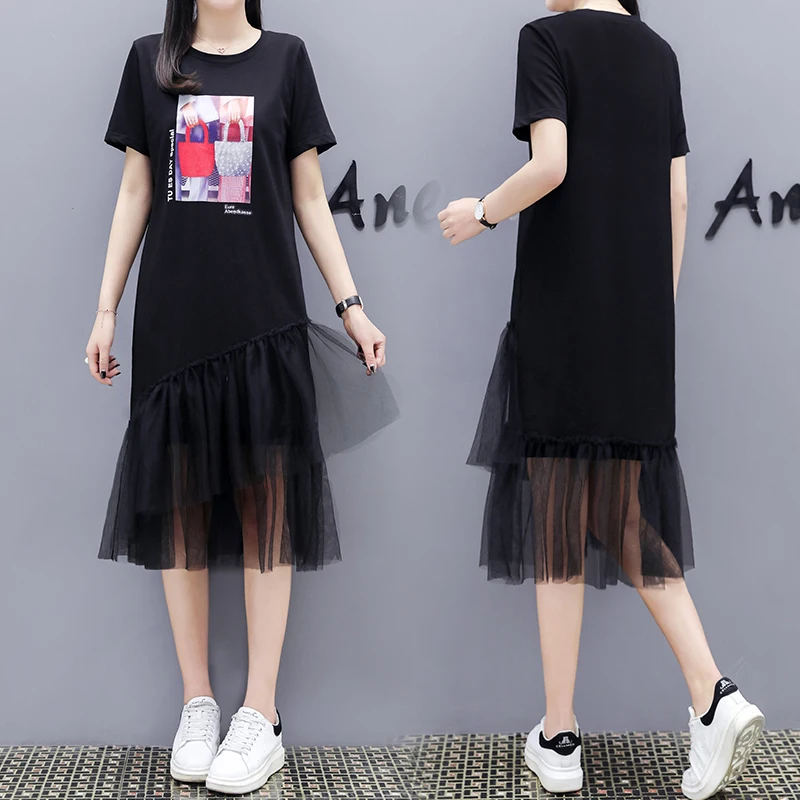 4XL плюс размер платье Черное Кружевное Сетчатое лоскутное Повседневное больших