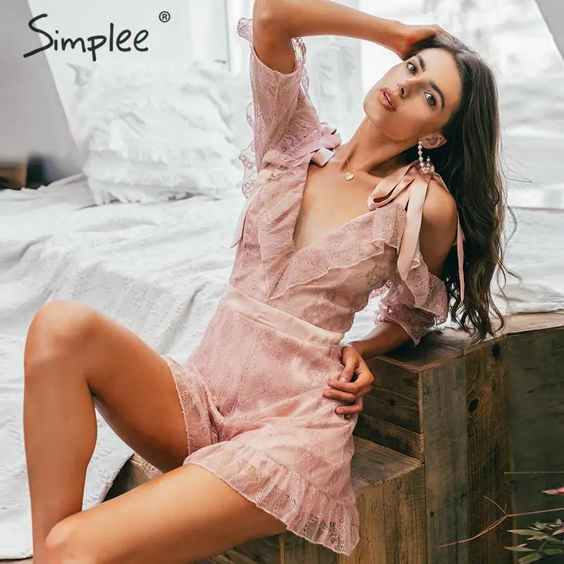 Женский кружевной комбинезон Simplee с оборками 2019 летний ромпер открытыми плечами