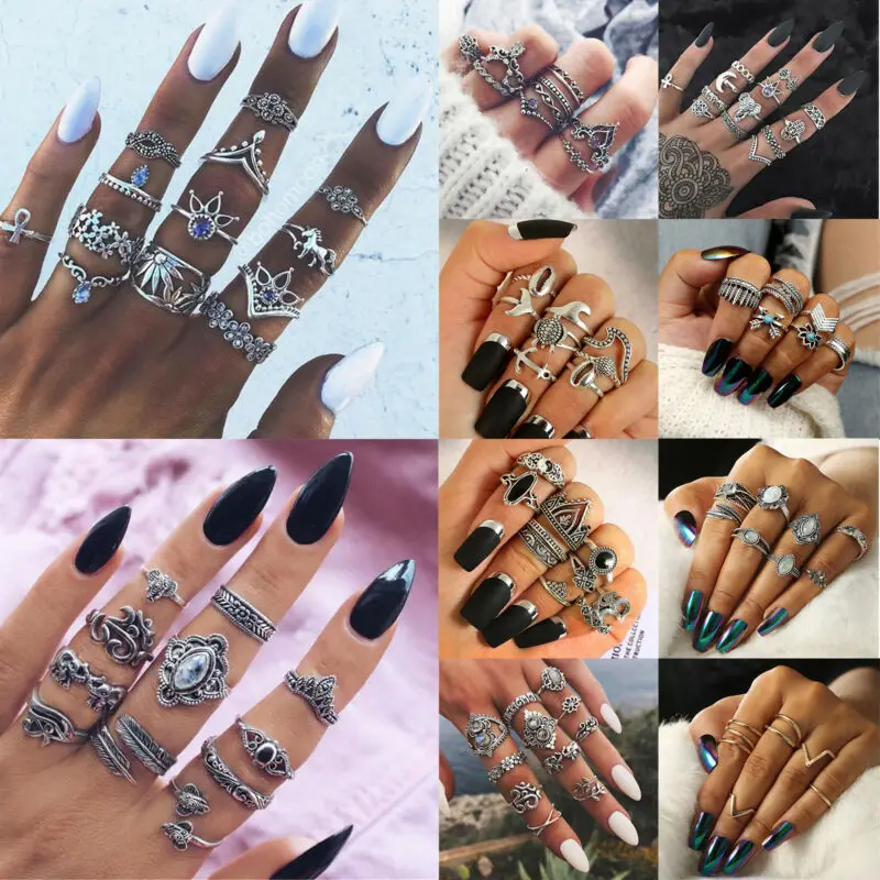 

Женский набор колец с кристаллами, Подарочные Кольца серебряного цвета в богемном стиле с изображением слона и пальцев