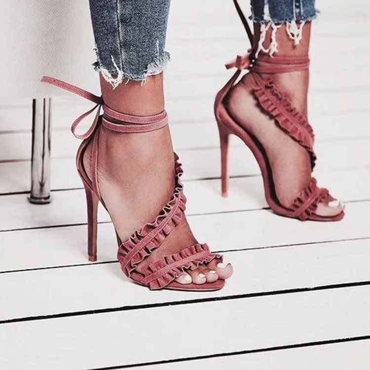 

Ruffle Ankle Strap Stiletto Sandals Solid Color Open Toe Super High Heel Sexy Women's Shoes Lotus Leaf Lace sandals Thin Heels