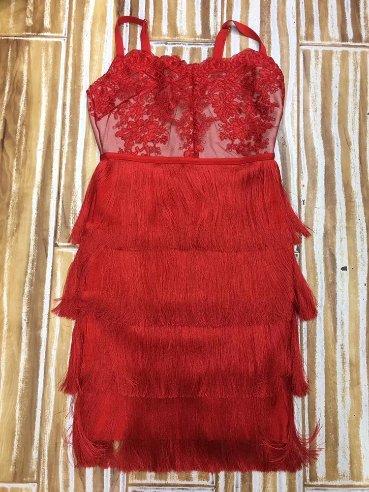 Летнее платье женское сексуальное кружевное красное Бандажное с кисточками