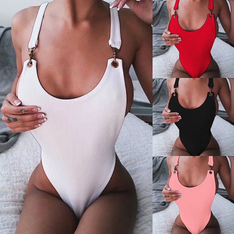 Цельный купальник с пряжкой бикини 2019 сексуальный женский открытой спиной и