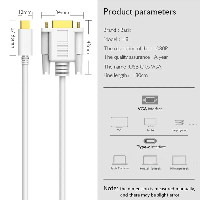 USB C VGA кабель (6 футов 1080 p) Type адаптер Шнур для 2017/2016 MaecBook Pro iMaec Surface Book 2 Gaelaxy S8 + Note 8