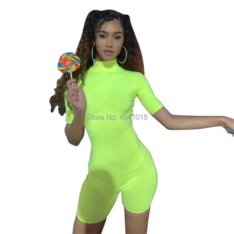 Горячая новинка Флуоресцентный цвет женский комбинезон с коротким рукавом Весна