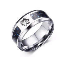 laser engraved wolf men ring for men stainless steel blue carbon fibre 8mm wedding band