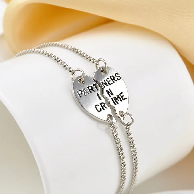 

Sale 1 Pair Unisex Bangles Golden Silvery Partners In Crime Hearts Friendship Bracelets Gift pulseira feminina bracelet femme