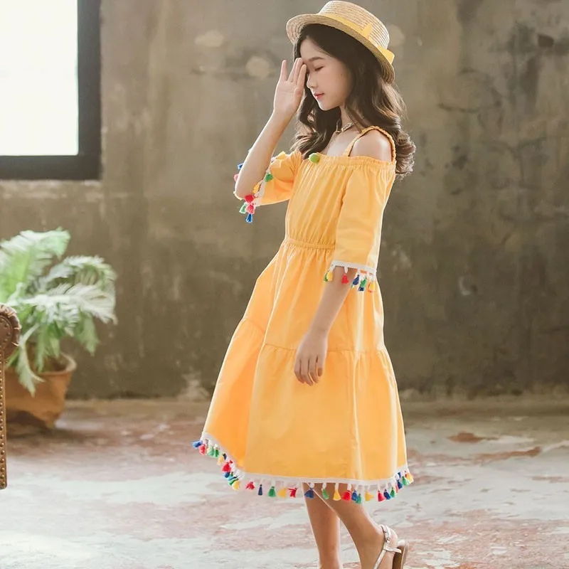 Tassel Teenage Girls Dress Kids Formal Wear Princess 100% Cotton Summer Beach Dresses Maxi Long White Yellow 2019 | Детская одежда и