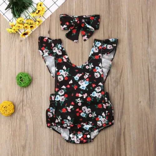 2019 Canis Summer Toddler Baby Girl Flower Bodysuit Headband Outfit Clothes Casual Sunsuit |