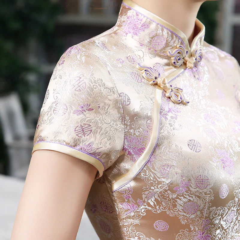 XXXL шампанского Cheongsam Китайский атласный длинный Qi Pao летний Vestido Chines костюм