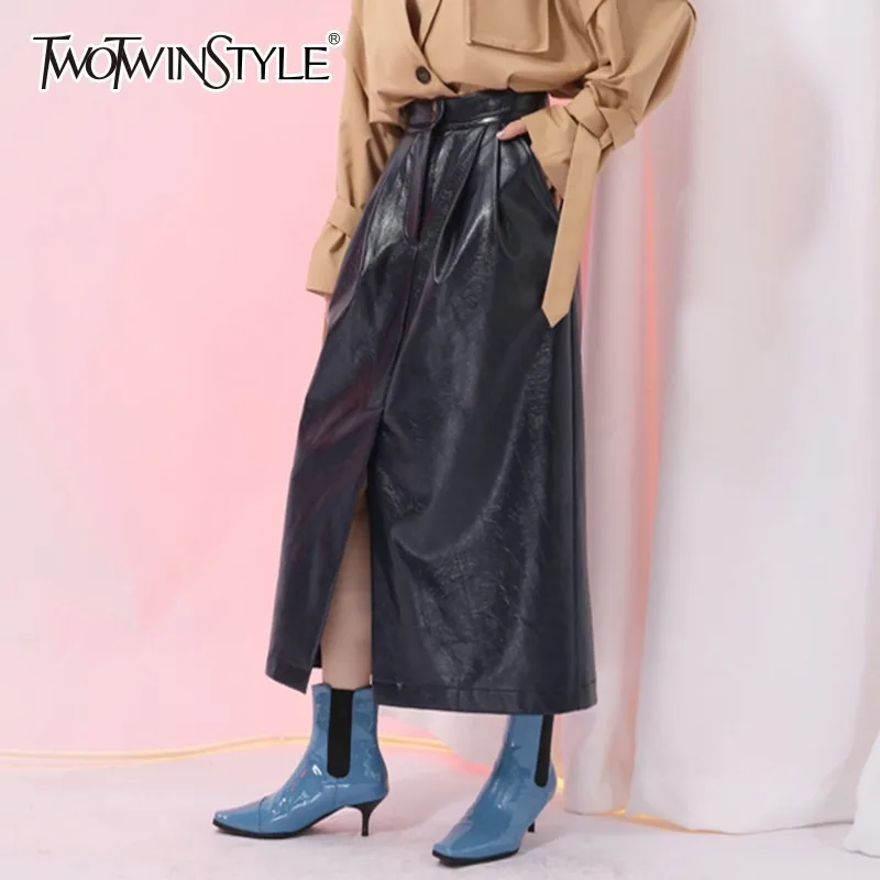 TWOTWINSTYLE женские юбки из искусственной кожи с высокой талией плиссированные