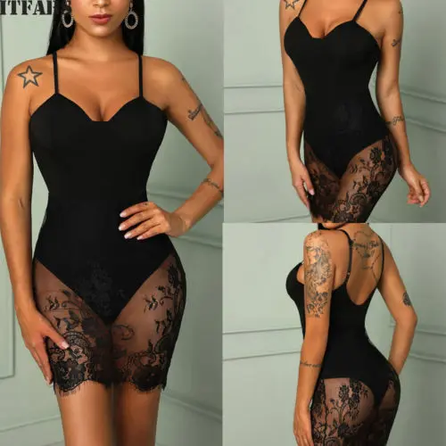 Женский кружевной комбинезон с v-образным вырезом облегающее платье черного