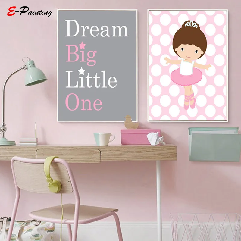 Baby Girl Nursery Art Prints Ballerina Dream Big Little One Pink and Grey Lovely Canvas Painting Pictures Kid Bedroom Poster | Дом и сад