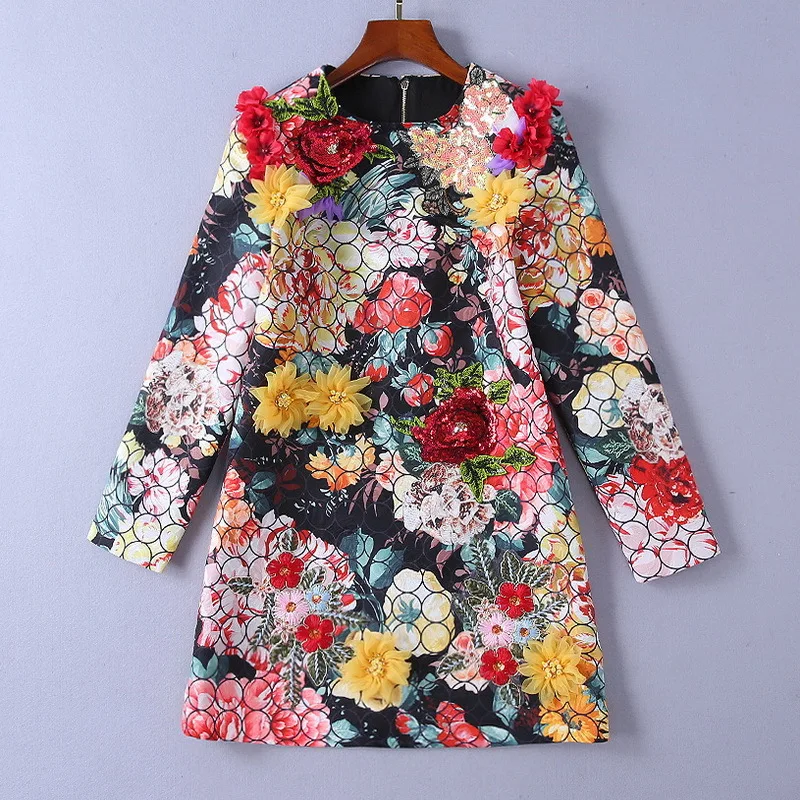 2019 Spring Party Colorful Floral Print Mini Dress Women Designer Runway Luxury Flower Appliques Sequins Female Dresses Clothes | Женская