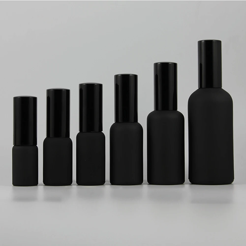 50pcs wholesale 100 ml glass black frost lotion packaging with black pump, empty black 100ml cosmetic bottle for liquid cream