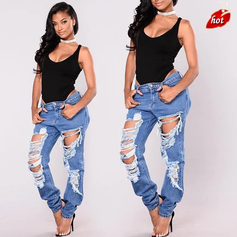 2018 модные женские узкие длинные джинсы стрейч джинсовые штаны рваные