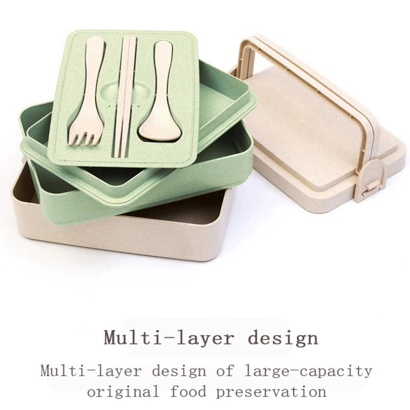 Wheat Straw Bento Box Student Multi-Layer Portable Food Container Lunch For Kids Microwave Chopsticks + Fork +Spoon | Дом и сад