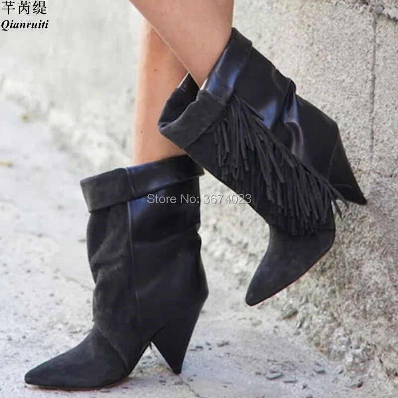 

Qianruiti Tasseled Boots Women Pointed Toe High Heels Fringes Ankle Boots Slip on Spike Heels Boots Women Shoes Fall Winter Boot