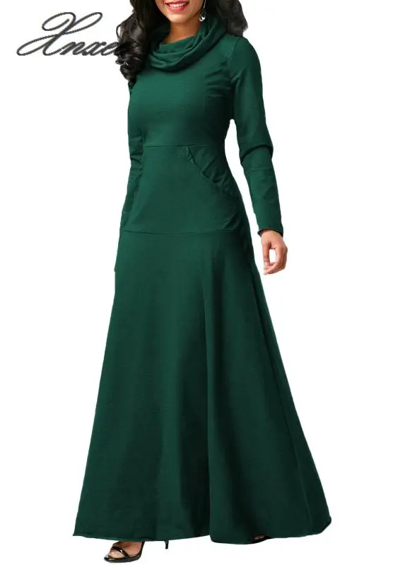 

S-5XL Women Long Sleeve Dress Large Size Elegant Long Maxi Dress Autumn Warm Turtleneck Woman Clothing With Pocket Plus Size
