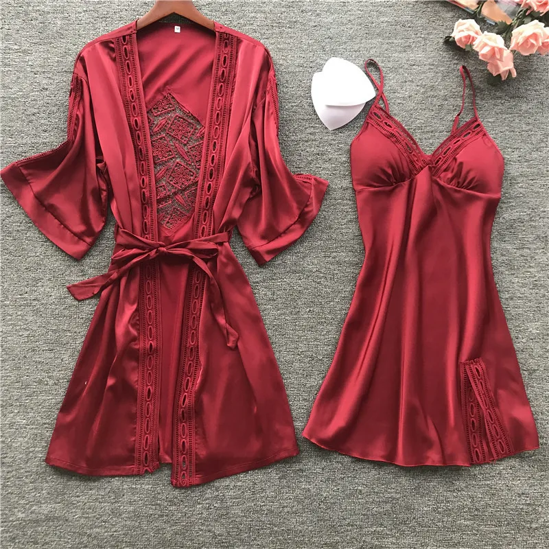 

Women Robe & Gown Long Sleeve Ladies Nightwear Sets Sexy Lace Sleep Lounge Pijama Bathrobe Night Dress With Chest Pads