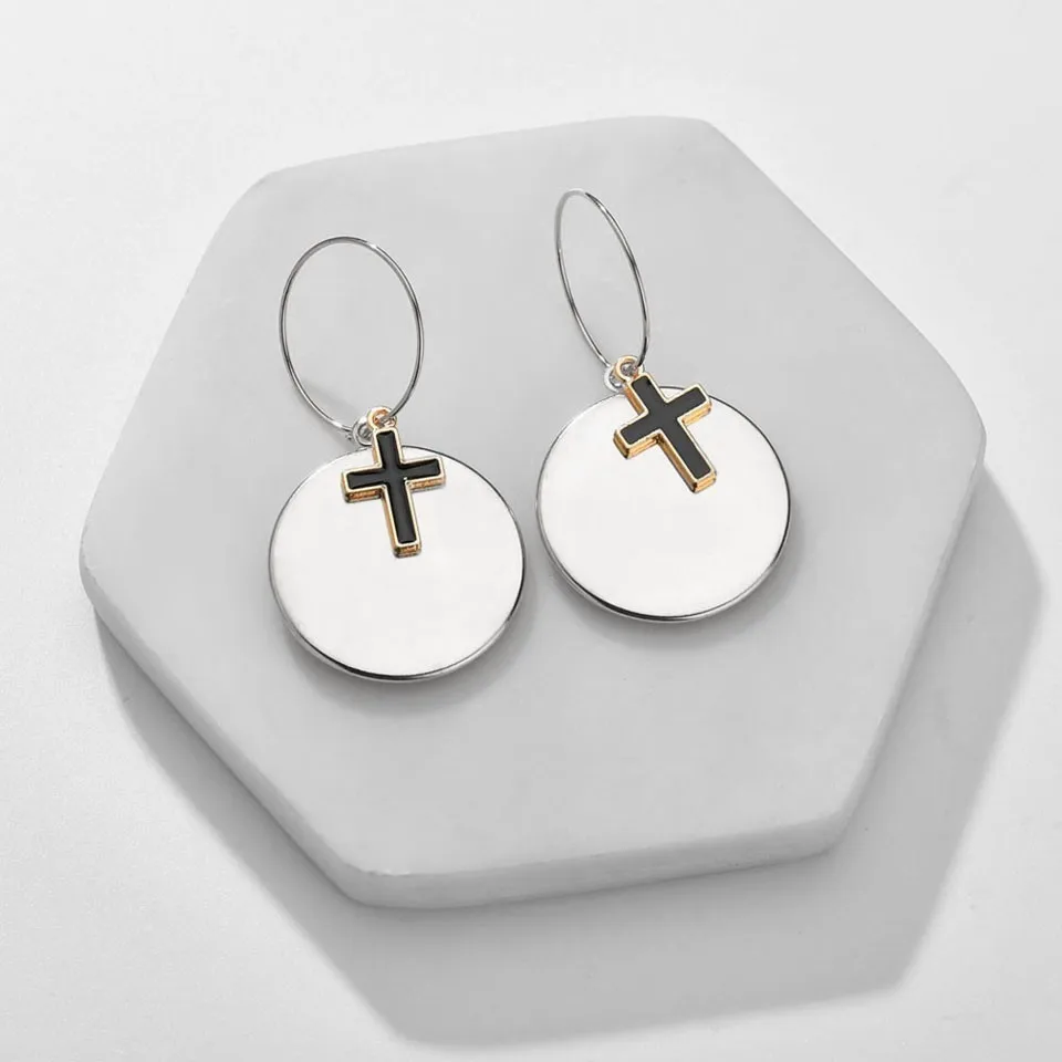 Women Fashion Drop Earrings Round Plat With Cross Wedding Party Trendy Jewelry Female Cute And Romantic Handmade Ear Cuff | Украшения и