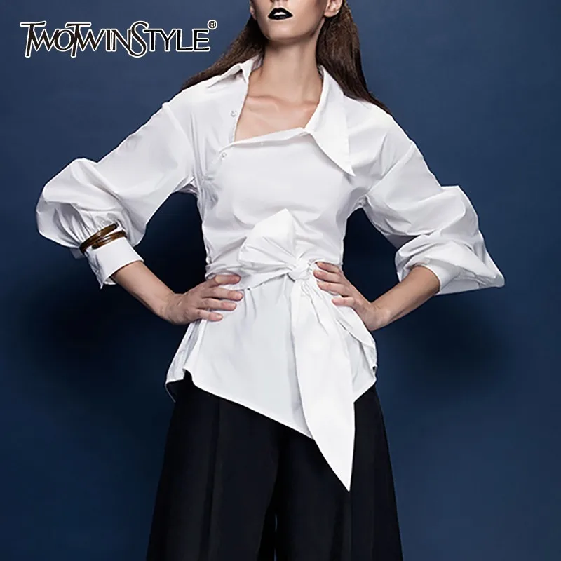 TWOTWINSTYLE однотонная Повседневная Блузка женская с отворотом и рукавом фонариком