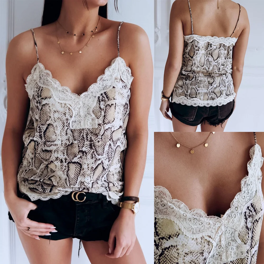 Женские летние пикантные V образным вырезом питоновый узор майка с принтом