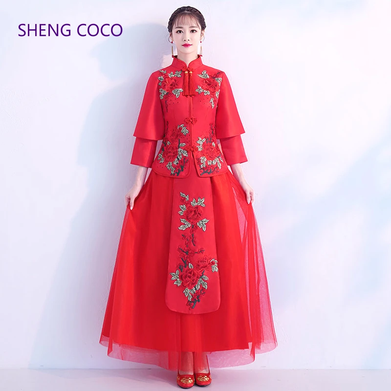 Китайские свадебные платья SHENG COCO красные комплекты платьев Чонсам для