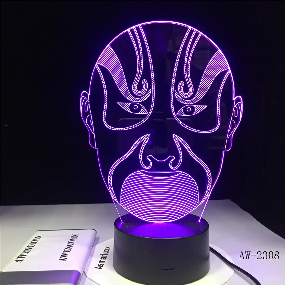 Цветной яркий светодиодный 3D ночной Светильник Пекинская опера Мужская лицевая